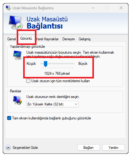 Uzak Masaüstü Görüntü sekmesinde ekran çözünürlüğü kaydırıcısı