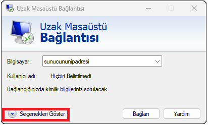 Uzak Masaüstü Bağlantısı penceresinde Seçenekleri Göster düğmesi